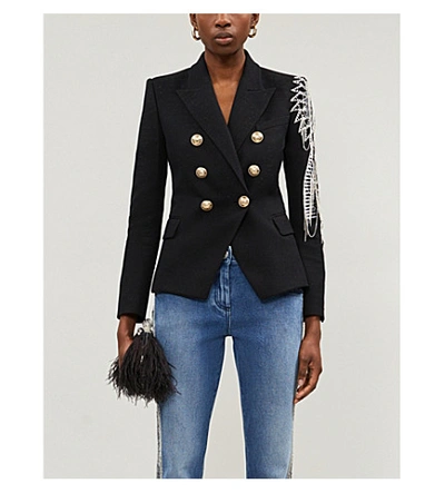 Shop Balmain Embroidered Double-breasted Woven Blazer In Black