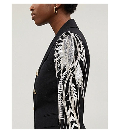 Shop Balmain Embroidered Double-breasted Woven Blazer In Black