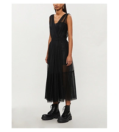 Shop Pinko Ottimare Faux-leather And Tulle Midi Dress In Nero+limousine