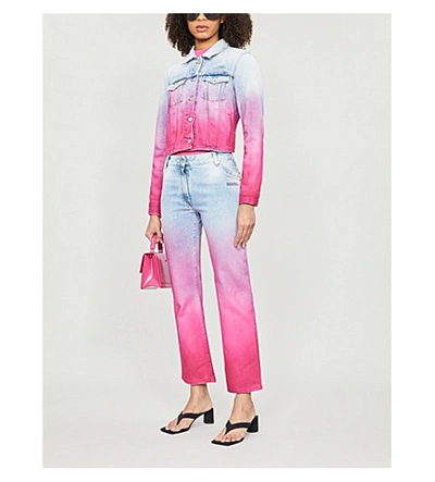 Shop Off-white Gradient Text-print Denim Jacket In Fuschia