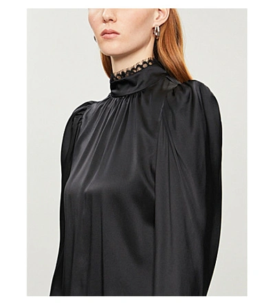Shop Frame High-neck Lace-trimmed Silk-satin Blouse In Noir