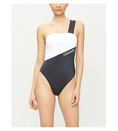 Shop Calvin Klein Colour-block One-shoulder Swimsuit In Beh Pvh Black