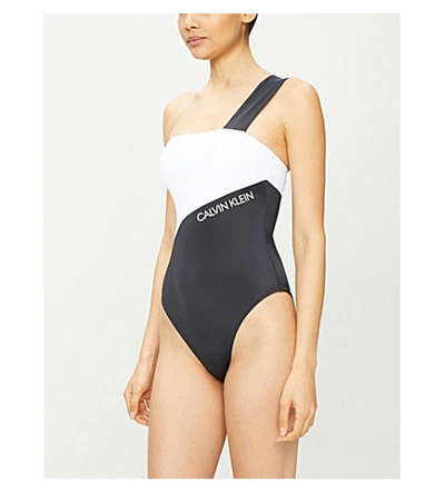 Shop Calvin Klein Colour-block One-shoulder Swimsuit In Beh Pvh Black