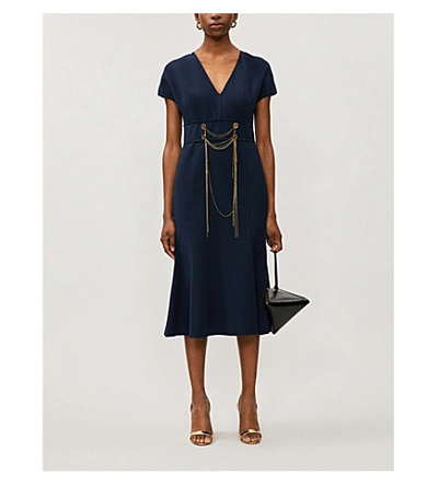 Shop Oscar De La Renta Chain Appliqué Wool-blend Midi Dress In Navy