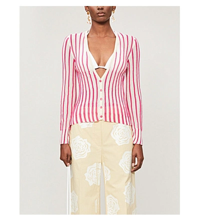 Shop Jacquemus Le Gilet Manosque Striped Cotton-blend Knitted Cardigan In Pink+stripe
