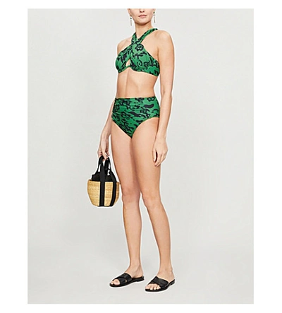 Shop Self-portrait Leopard-print Ruched Bikini Top In Green+black