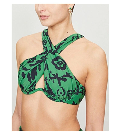 Shop Self-portrait Leopard-print Ruched Bikini Top In Green+black
