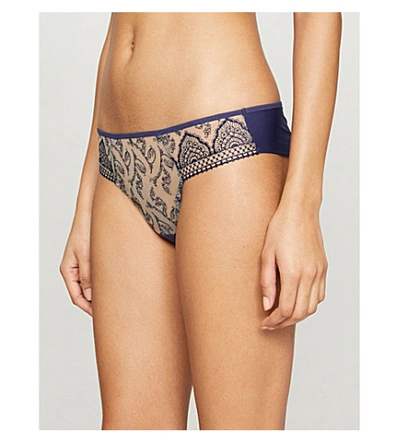 Shop Maison Lejaby Henne Floral-embroidered Stretch-jersey Briefs In Midnight Blue