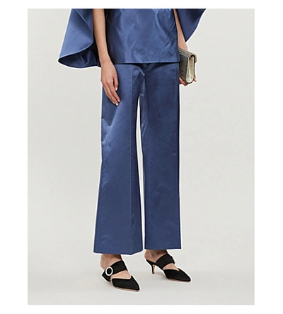 Shop Valentino Wide-leg High-rise Silk-satin Trousers In Dark Blue
