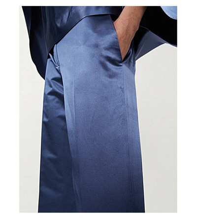 Shop Valentino Wide-leg High-rise Silk-satin Trousers In Dark Blue