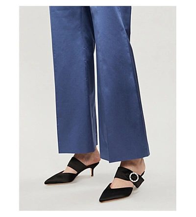 Shop Valentino Wide-leg High-rise Silk-satin Trousers In Dark Blue