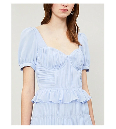 Shop Self-portrait Lace-trimmed Pleated Chiffon Midi Dress In Light+blue