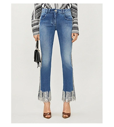 Shop Balmain Sequin-embellished Flared Mid-rise Stretch-denim Jeans In Blue Silver