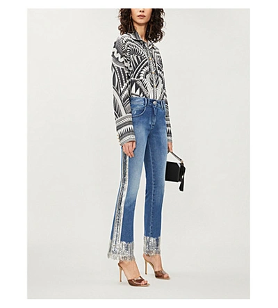 Shop Balmain Sequin-embellished Flared Mid-rise Stretch-denim Jeans In Blue Silver