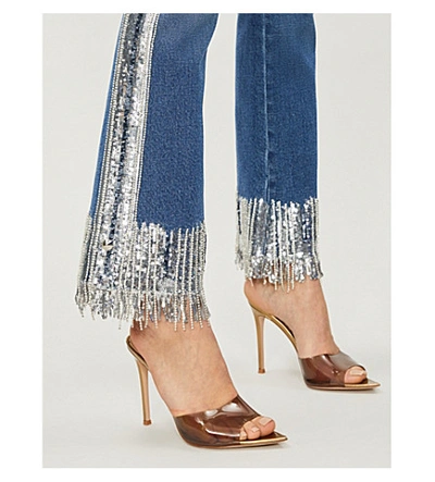Shop Balmain Sequin-embellished Flared Mid-rise Stretch-denim Jeans In Blue Silver