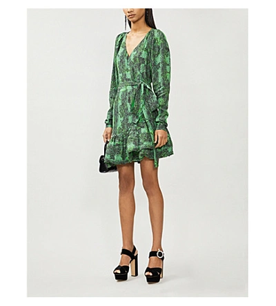 Shop Rotate Birger Christensen Nancy Snakeskin-print Woven Mini Dress In Stone+green+comb