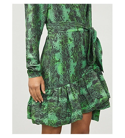 Shop Rotate Birger Christensen Nancy Snakeskin-print Woven Mini Dress In Stone+green+comb