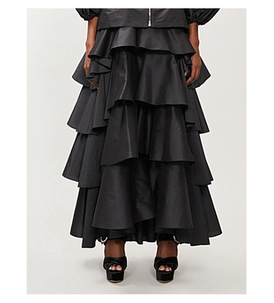 Shop Giambattista Valli Tiered Flared Satin Maxi Skirt In Black
