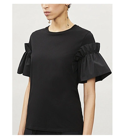 Shop Alexander Mcqueen Ruffled Cotton-jersey T-shirt In Black