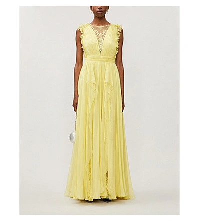 Shop Zuhair Murad Floral Lace-panelled Ruffle-trimmed Silk Gown In Canary Yellow