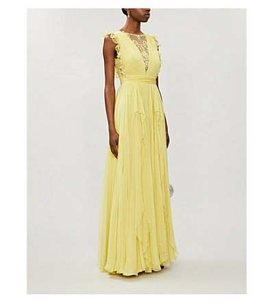 Shop Zuhair Murad Floral Lace-panelled Ruffle-trimmed Silk Gown In Canary Yellow