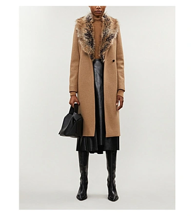 Shop Ted Baker Corinna Faux-fur Trim Wool-blend Coat In Tan