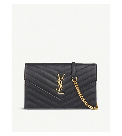 Shop Saint Laurent Women's Black Monogram Leather Wallet-on-chain