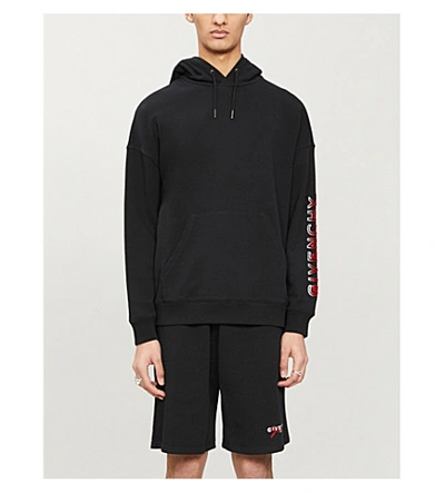 Shop Givenchy Flocked Brand-print Cotton-blend Jersey Hoody In Black