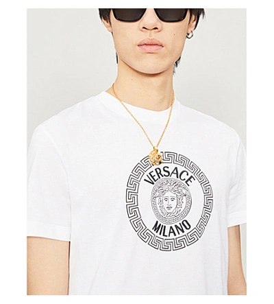 Shop Versace Logo-embroidered Embellished Cotton T-shirt In Bianco+nero