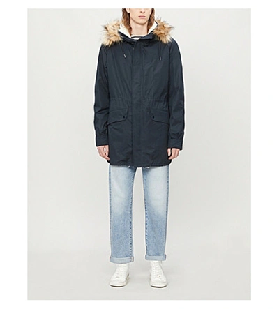 Shop Sandro Long Faux-shearling Lined Cotton Parka Coat In Navy Blue