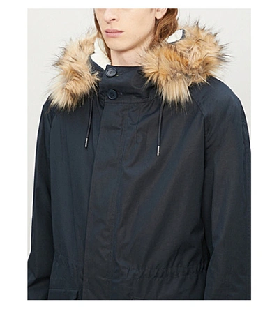Shop Sandro Long Faux-shearling Lined Cotton Parka Coat In Navy Blue