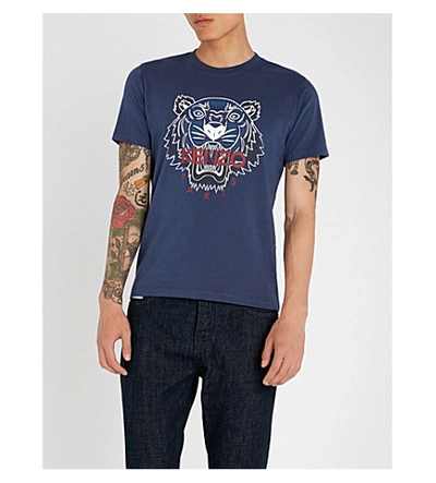 Shop Kenzo Tiger-embroidered Cotton-jersey T-shirt In Navy