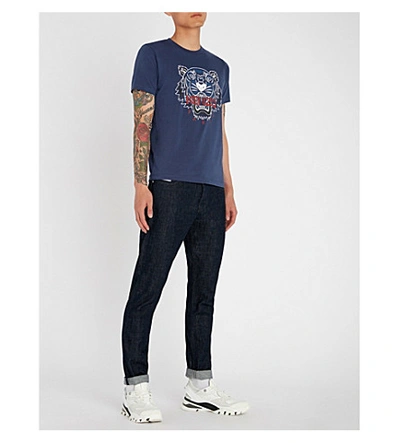 Shop Kenzo Tiger-embroidered Cotton-jersey T-shirt In Navy