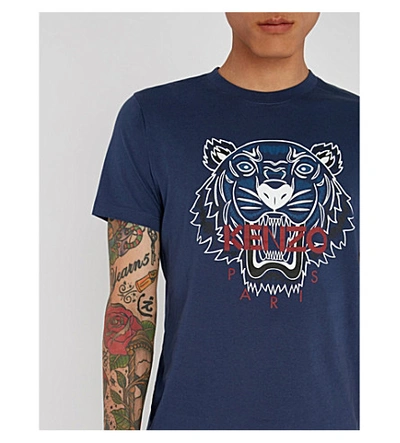 Shop Kenzo Tiger-embroidered Cotton-jersey T-shirt In Navy