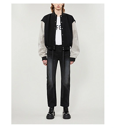 Shop Fear Of God Panelled Wool And Leather Varsity Jacket In Black+grey