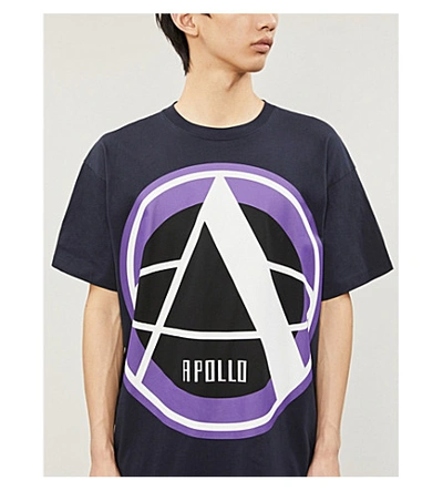 Shop Raf Simons Apollo Graphic-print Crewneck Cotton-jersey T-shirt In Dark+navy