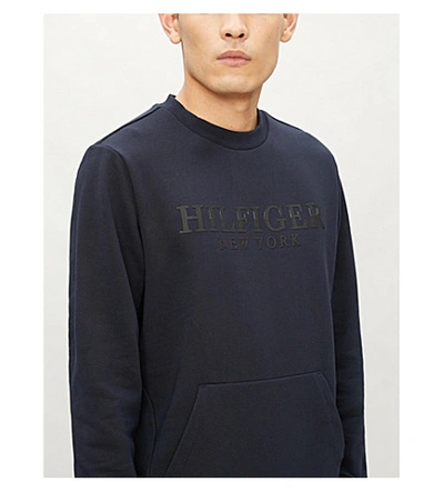 Shop Tommy Hilfiger Brand-print Crewneck Cotton-jersey Sweatshirt In Desert Sky