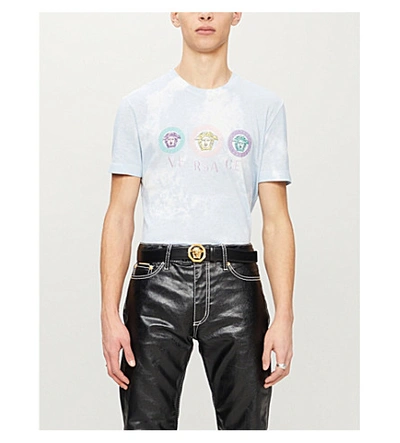 Shop Versace Logo-embroidered Cotton-jersey T-shirt In Bianco+celeste