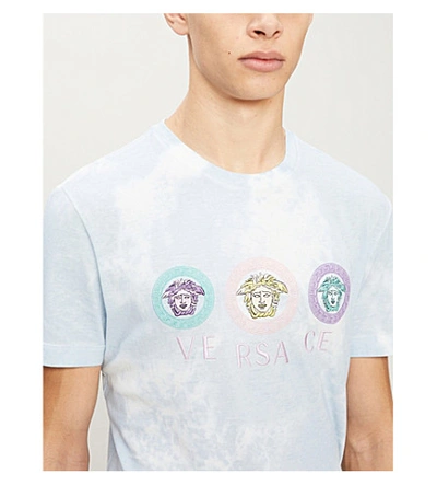 Shop Versace Logo-embroidered Cotton-jersey T-shirt In Bianco+celeste