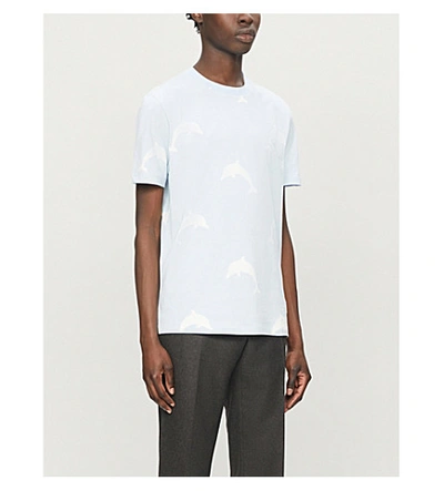 Shop Thom Browne Dolphin-print Cotton-jersey T-shirt In Light Blue