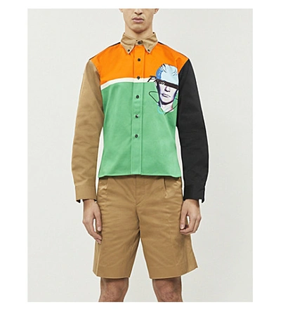 Shop Prada Graphic-print Slim-fit Cotton Shirt In Orange+green