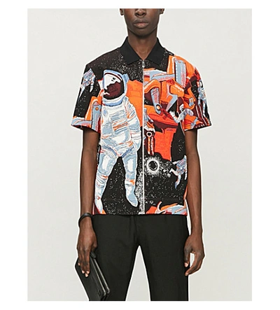 Shop Valentino Infinite Astronaut-print Jacquard-knit Polo Shirt In Orange