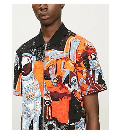 Shop Valentino Infinite Astronaut-print Jacquard-knit Polo Shirt In Orange