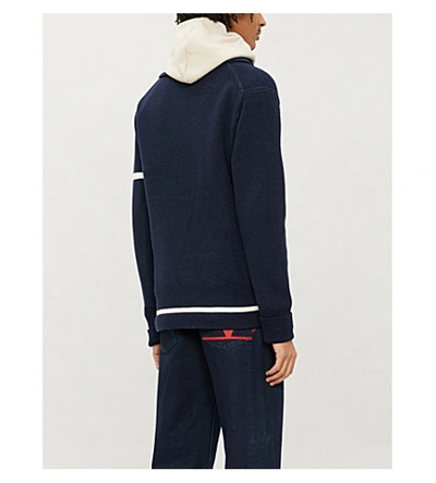Shop Polo Ralph Lauren Embroidered-appliqué Shawl-collar Cotton-knit Cardigan In Navy Mu