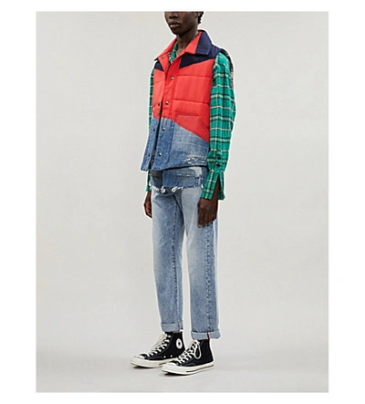 Shop Greg Lauren Padded Denim And Shell-blend Gilet In Red