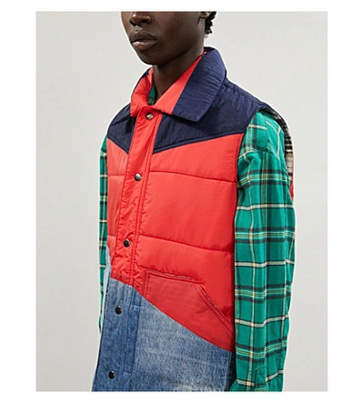 Shop Greg Lauren Padded Denim And Shell-blend Gilet In Red