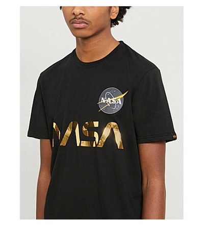 Shop Alpha Industries Nasa-print Reflective-text Cotton-jersey T-shirt In Black+gold