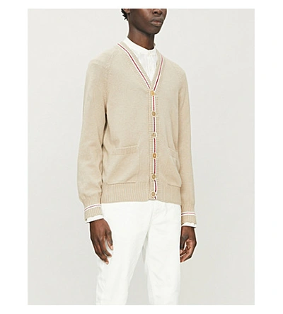 Shop Brunello Cucinelli Striped-trim V-neck Cotton-knit Cardigan In Beige