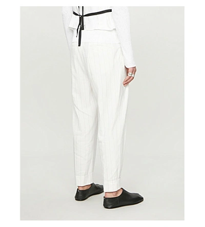 Shop Ann Demeulemeester Pinstriped Slim-fit Straight Cotton And Linen-blend Trousers In Ecru+black