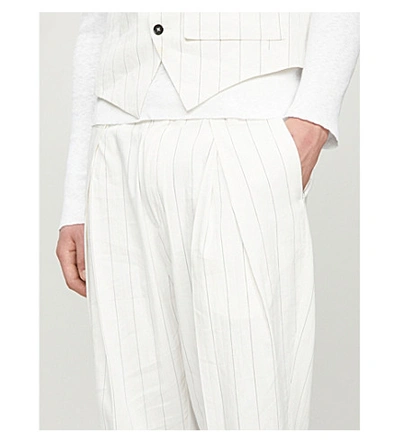 Shop Ann Demeulemeester Pinstriped Slim-fit Straight Cotton And Linen-blend Trousers In Ecru+black